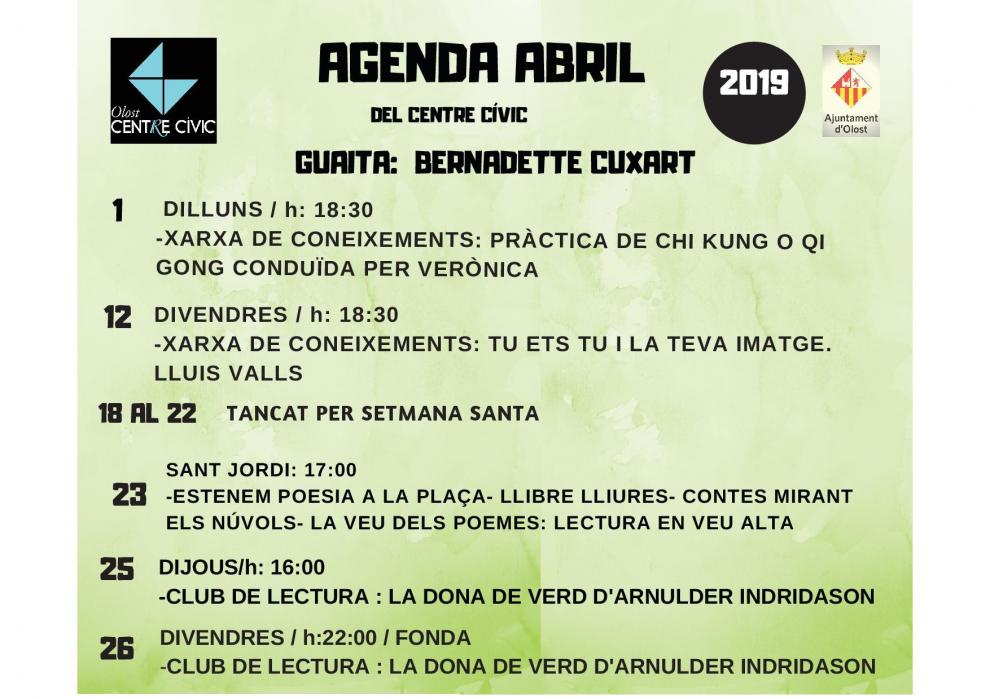 Agenda d'activitats al Centre Cívic durant el mes d'abril